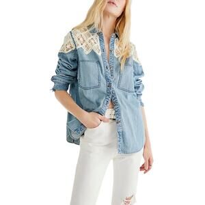 NEW Free People Denim Fields Crochet Indigo Button Down Shirt Size XS